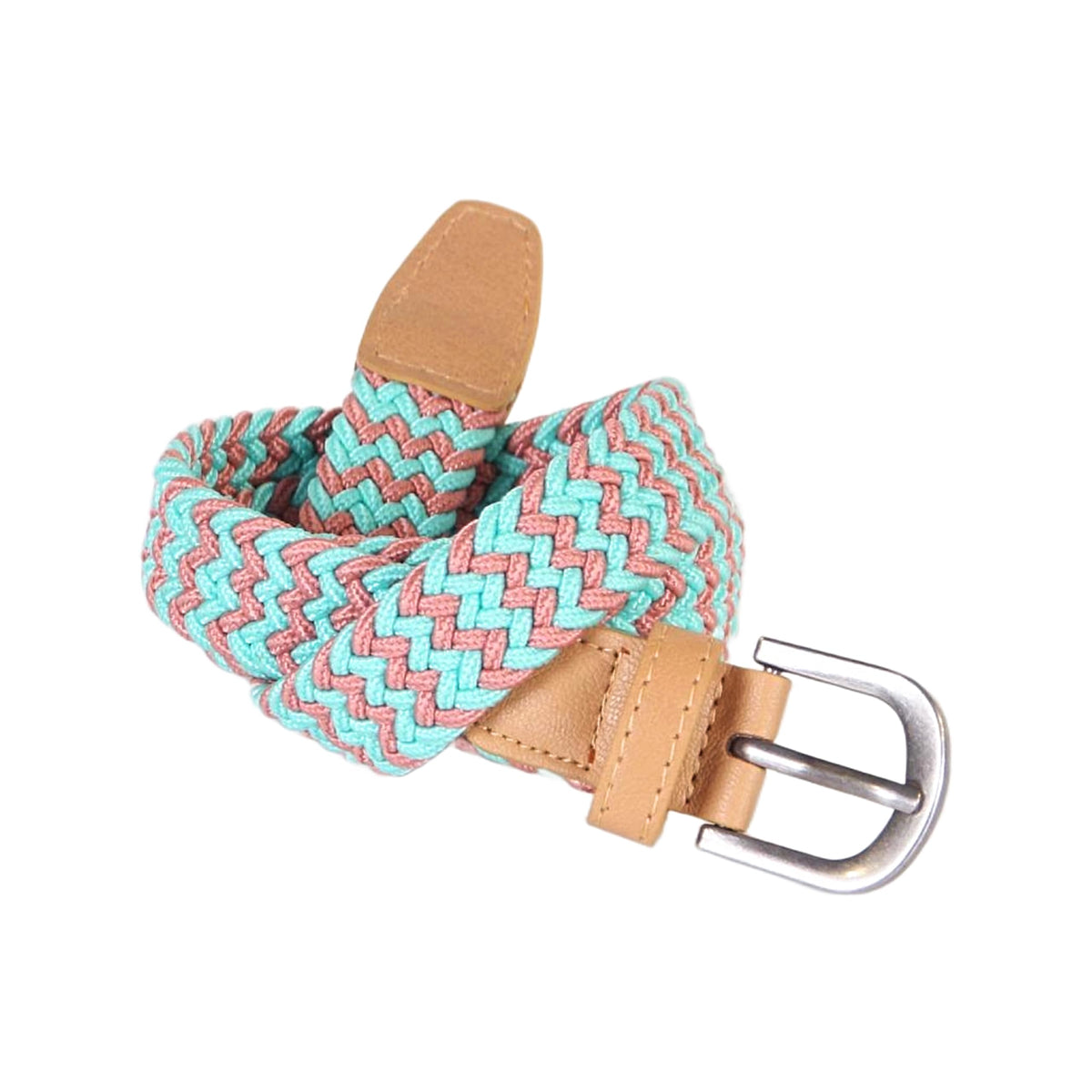 Girls' braided stretch belt in turquoise and pink with tan leather details and metal buckle