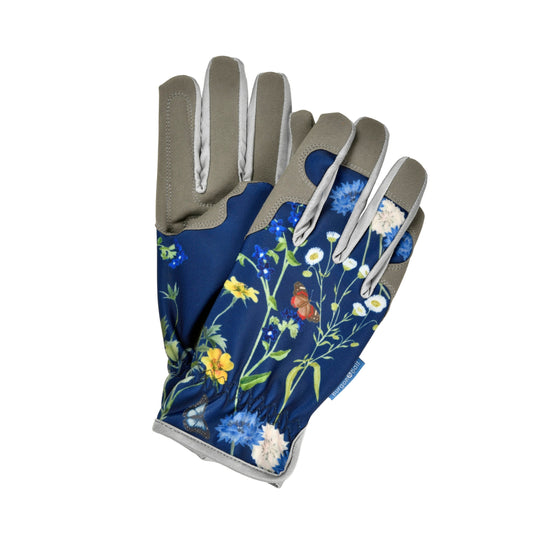 Burgon & Ball® meadow garden gloves, blue floral print with gray palms