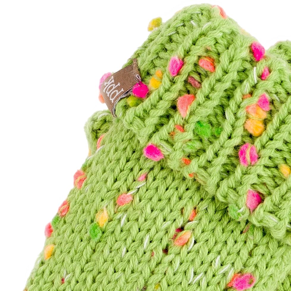 Kids' lime green knit mitten close-up showing colorful flecks and brown tag