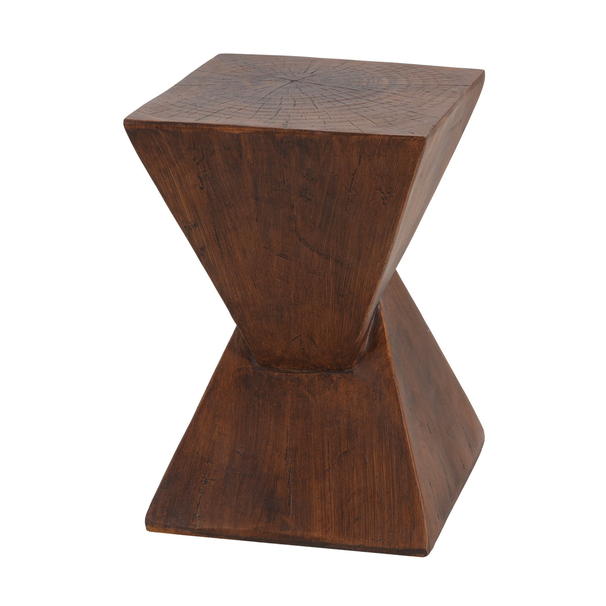 TESS dark brown side table shown at an angle, with a square wood-textured top