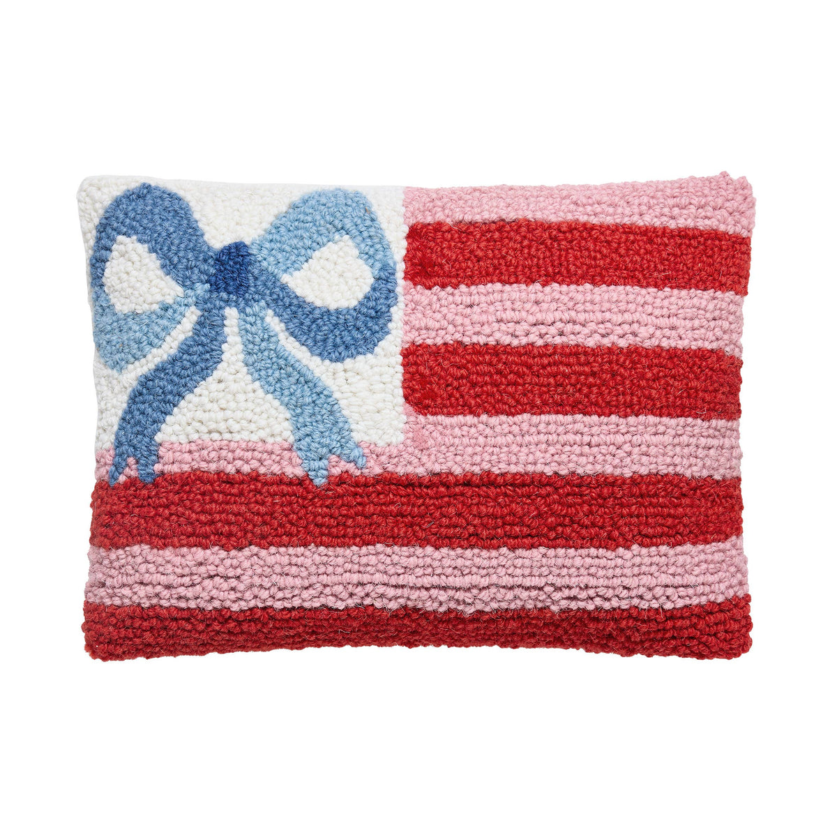Decorative throw pillow with blue bow applique and red-and-white striped front