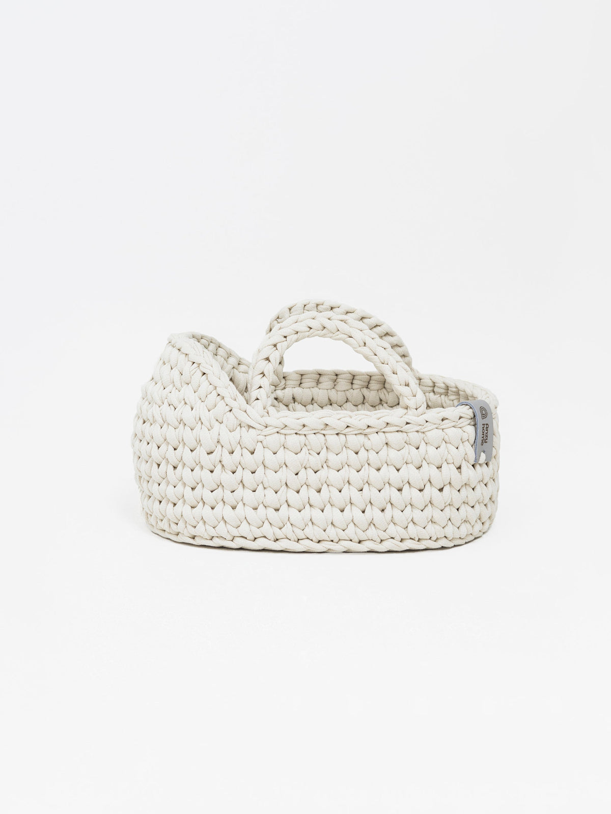 Mini doll moses basket, ivory woven basket with curved handle and side label