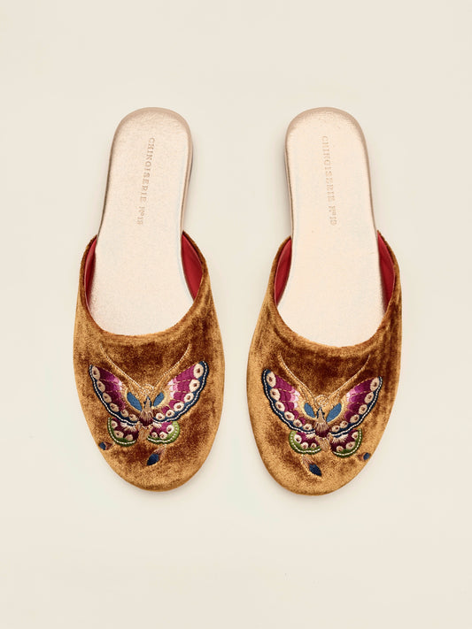 Velvet mules with butterfly embroidery and red lining, antique gold color