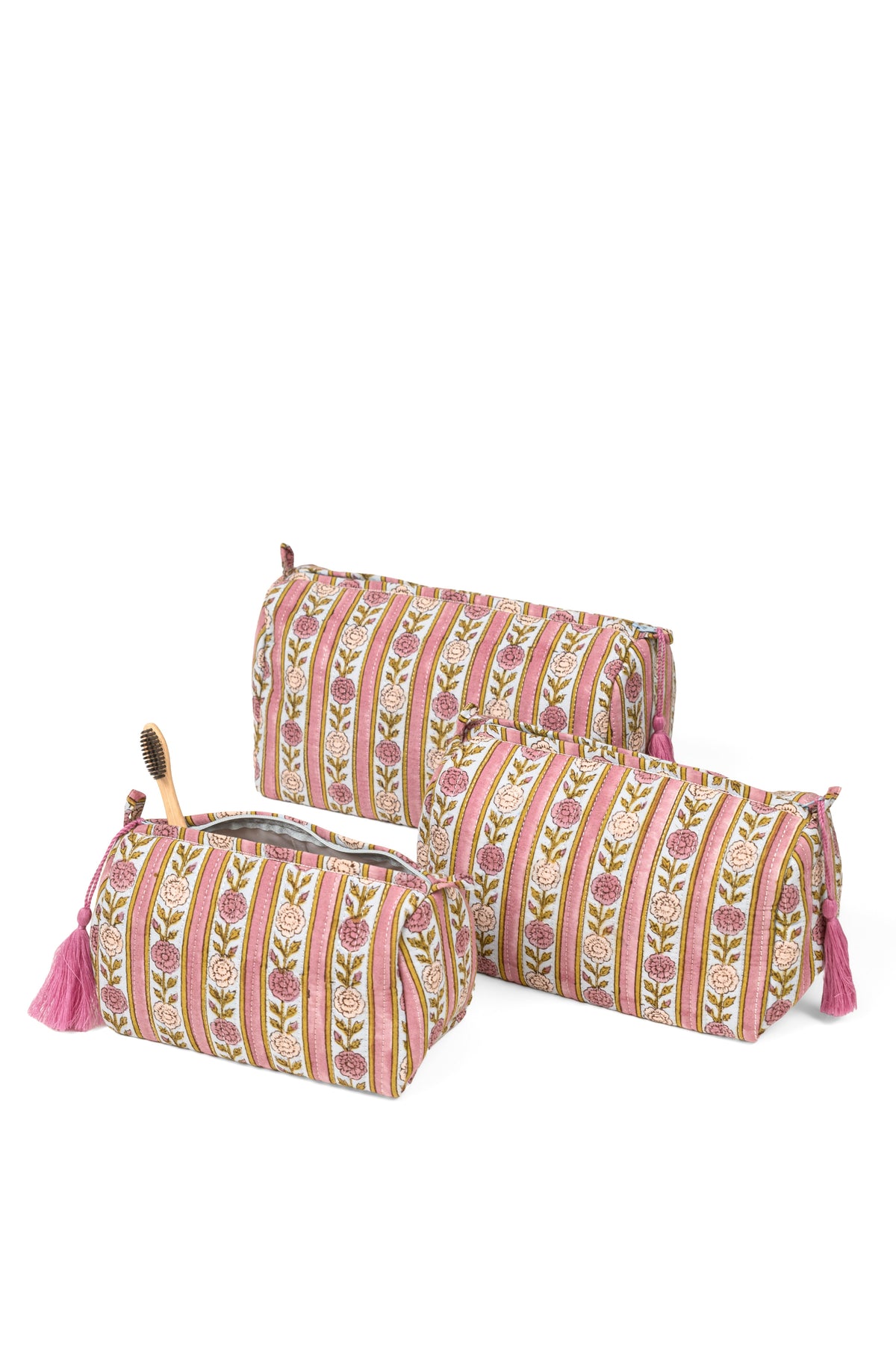 Two-piece striped makeup bag set with tassels in pink and gold tones, zip tops