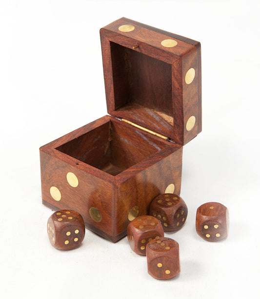 Handcrafted wood dice box set with hinged lid and five brown dice with pips