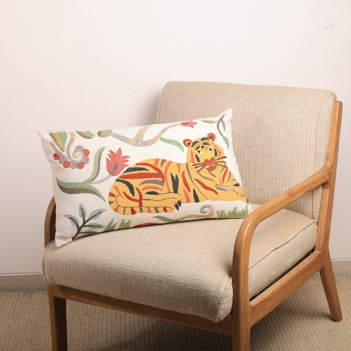 Rectangular tiger safari cotton pillow with white base and multicolor botanical print