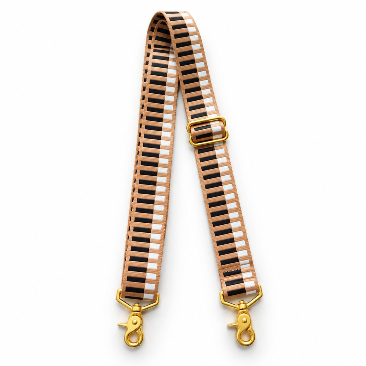 Guitar strap with adjustable buckle, beige geometric stripes, black ends, gold hardware