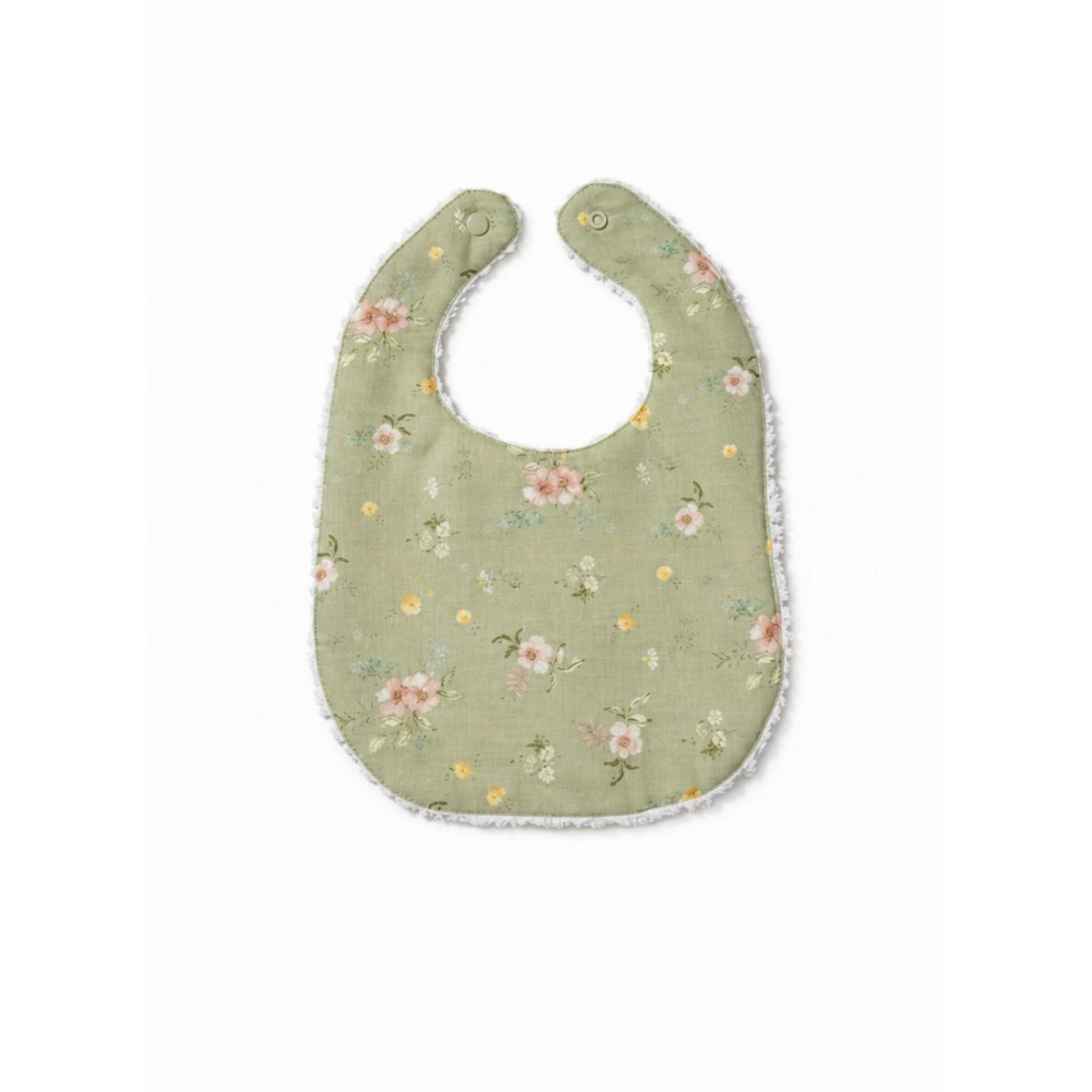 Green floral baby bib with multicolor blossoms and snap-button closure, stitched border