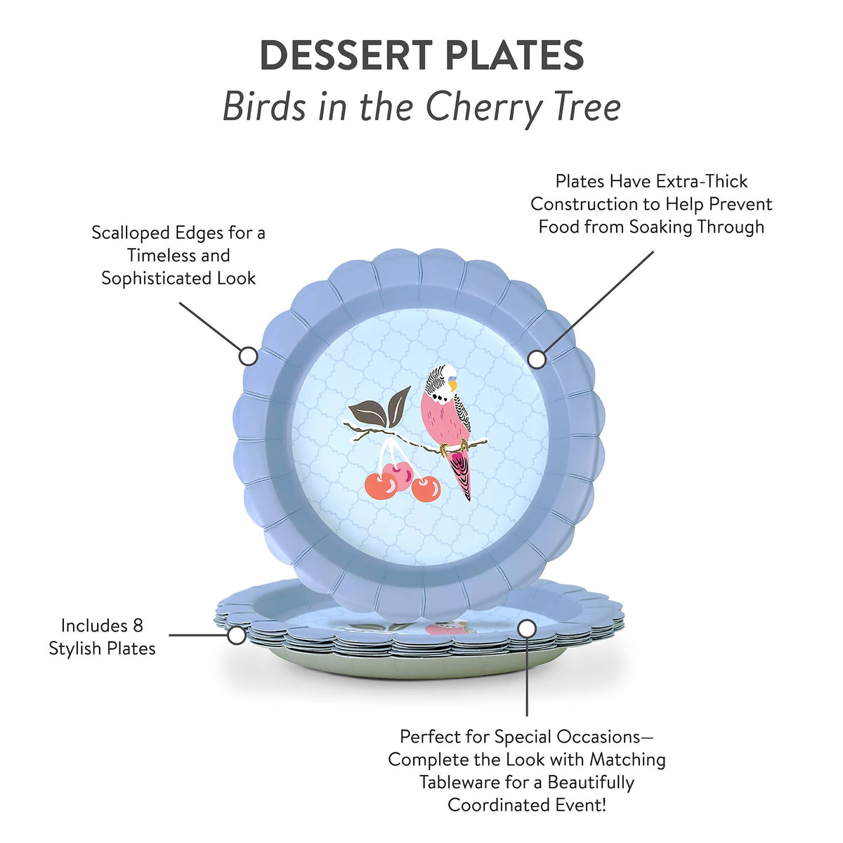 Stacked scalloped blue dessert plates with central bird and cherry artwork