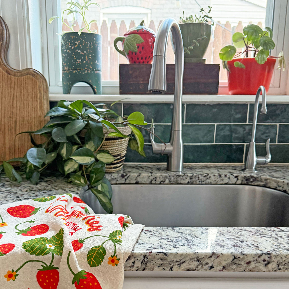 Cream towel with strawberry vine print and “Strawberries are my JAM” text