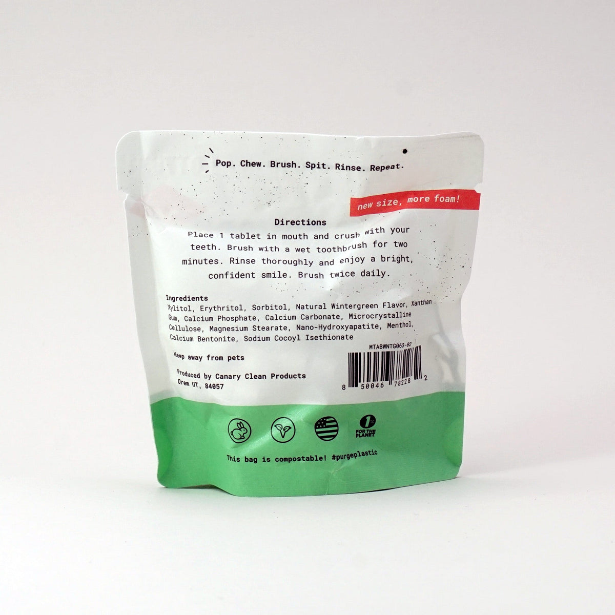 Back of a Canary toothpaste tablet refill pouch with directions and ingredients