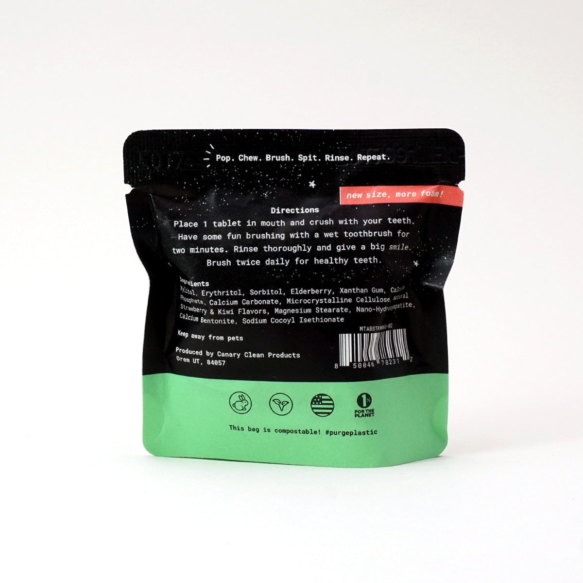 Back of watermelon toothpaste tablet pouch showing directions and ingredients.