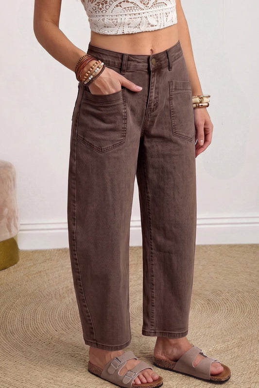 Coffee-brown barrel jeans with front patch pockets and rolled cuff hem, model worn