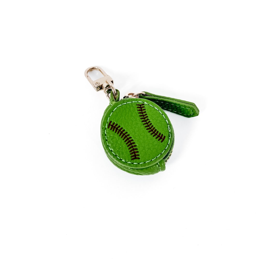 Green baseball-stitched bag charm with metal clip