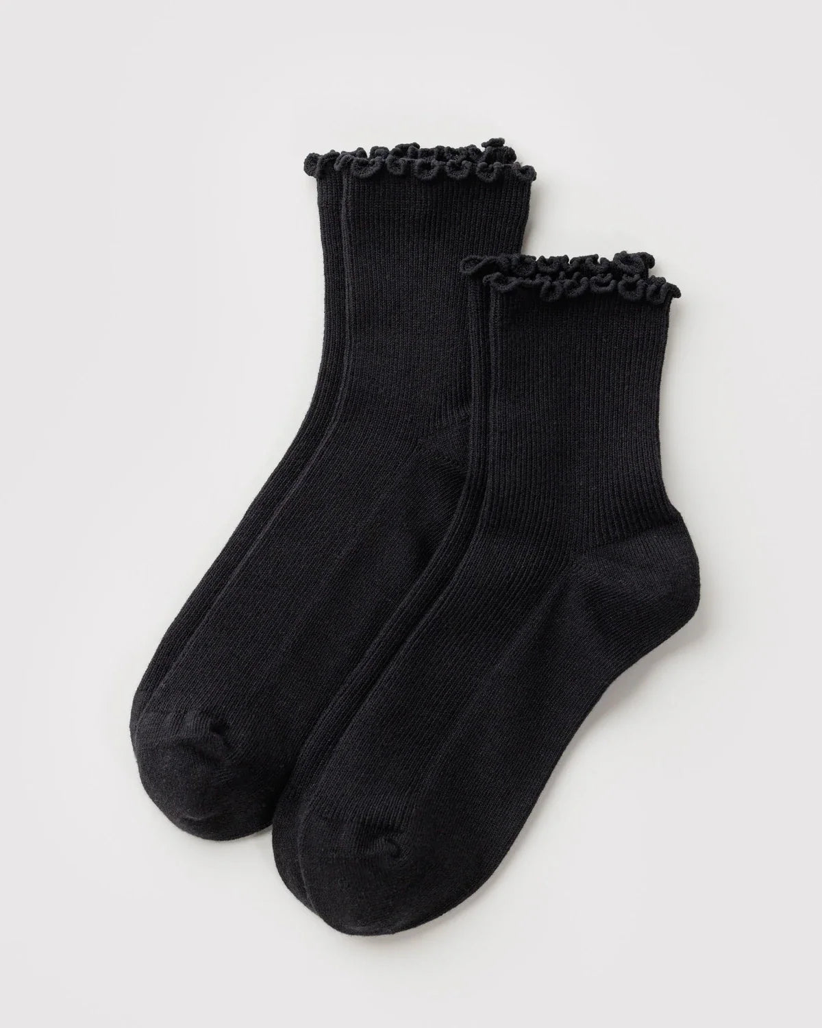 Pair of black ribbed socks with lettuce-edge cuffs