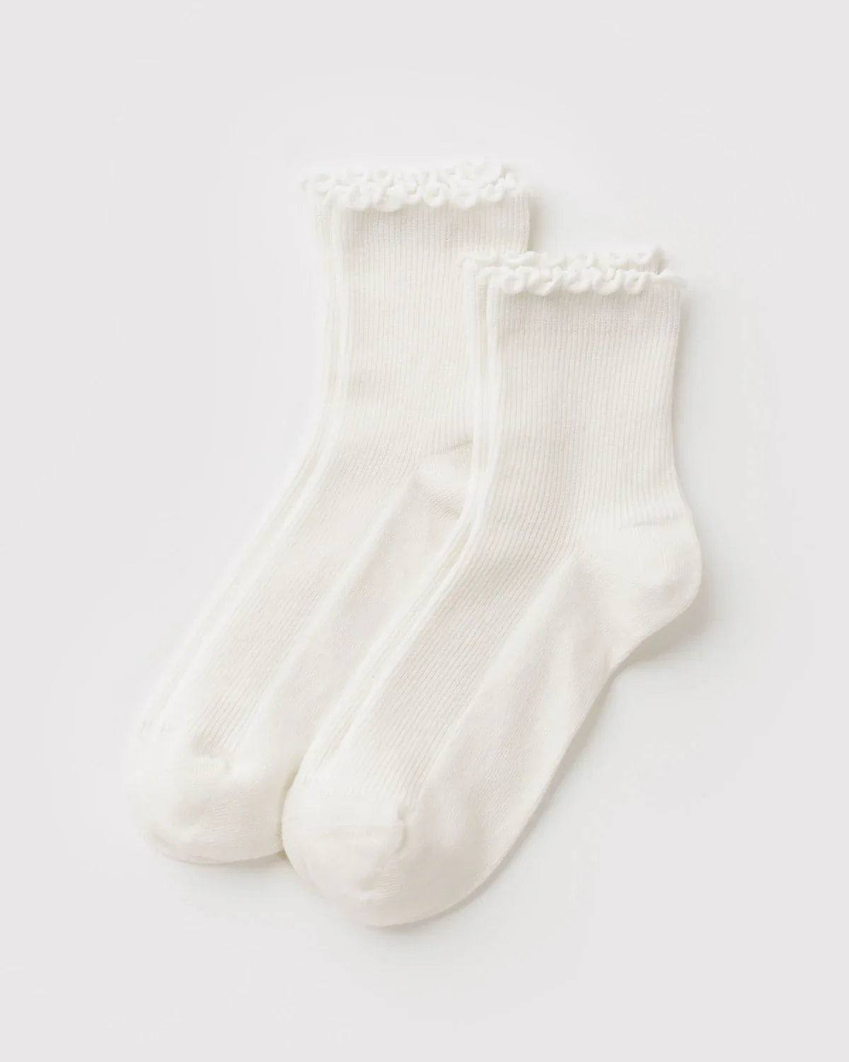 Pair of white ribbed socks with lettuce-edge cuffs