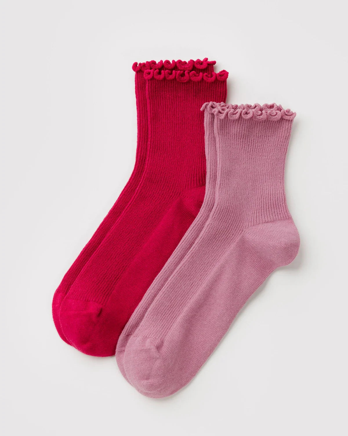 Pair of red and pink ribbed socks with lettuce-edge cuffs