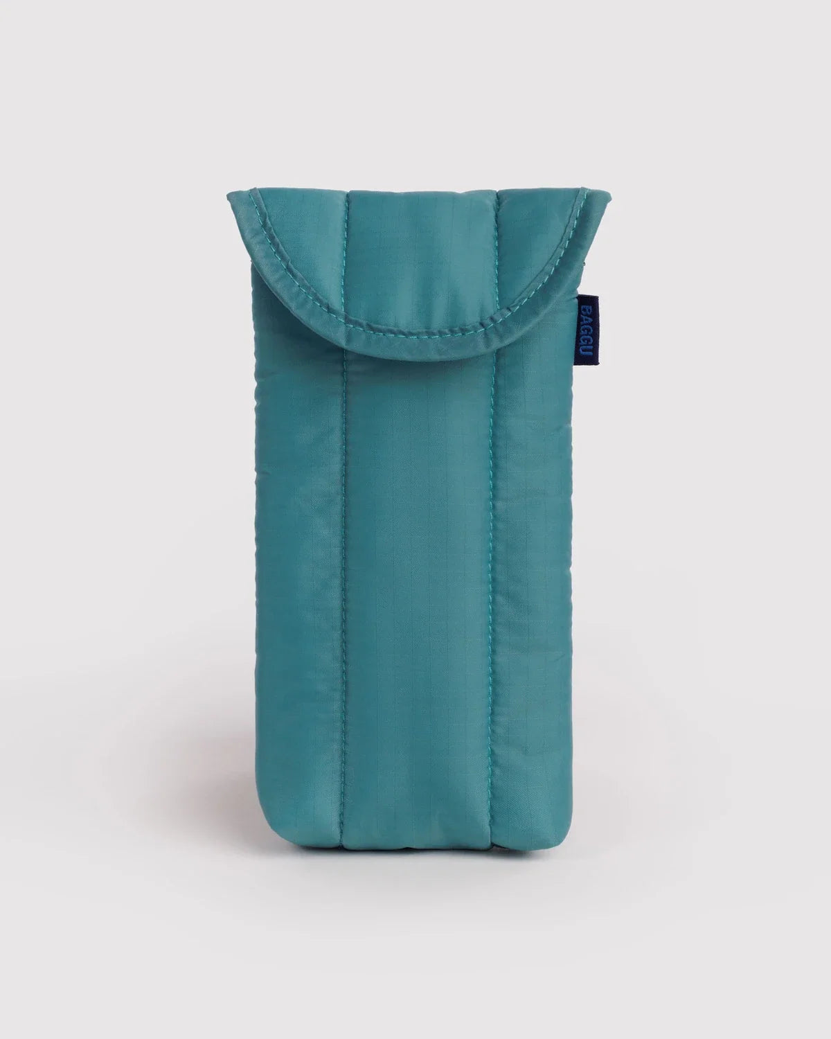 Baggu puffy glasses sleeve in teal with a flap closure