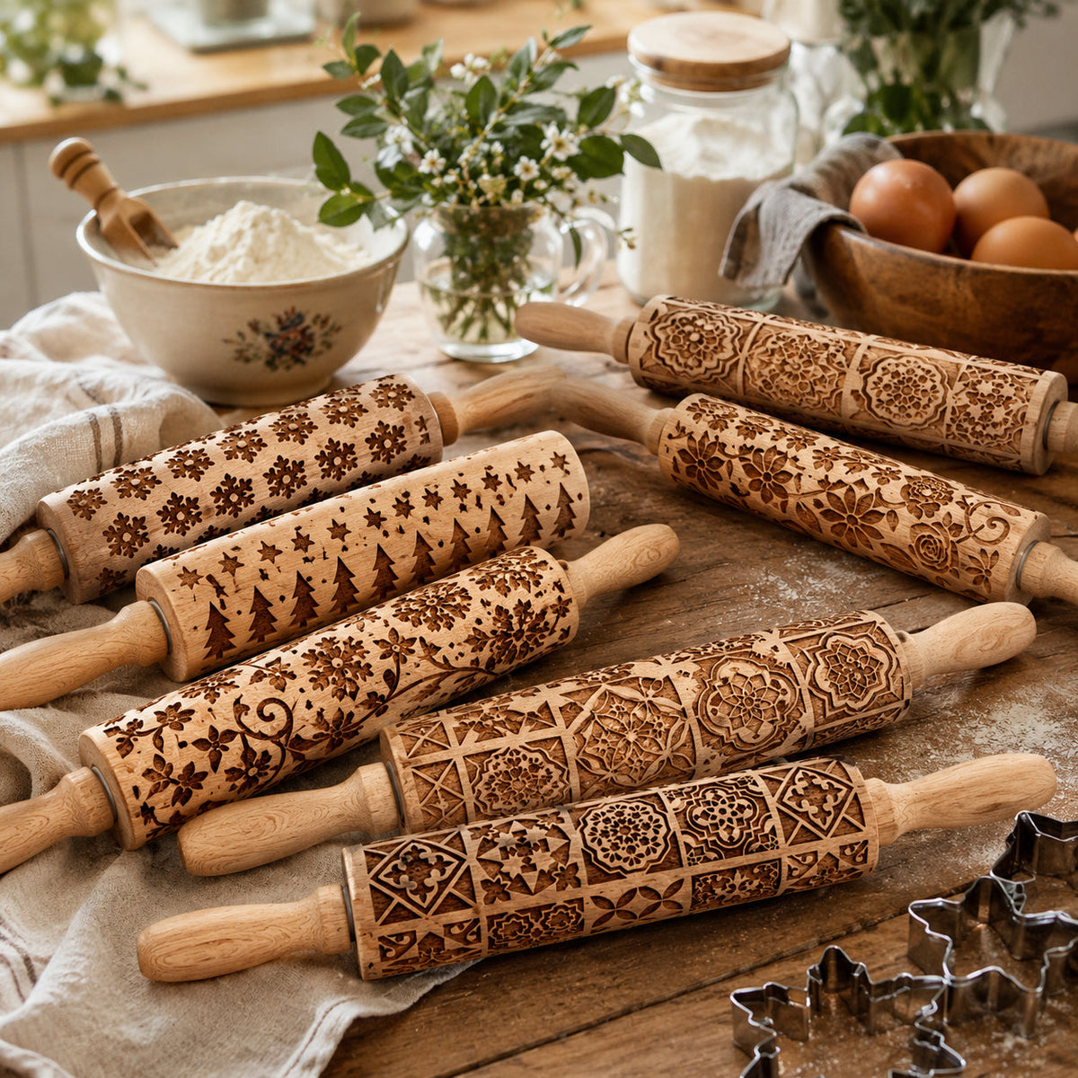 Collection of wooden rolling pins with dark brown ornate patterns on the barrels