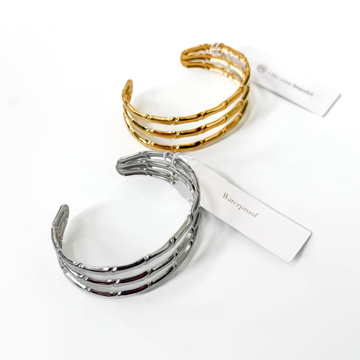 Gold and silver bamboo tier open bangle bracelets with stacked bar links, open cuff