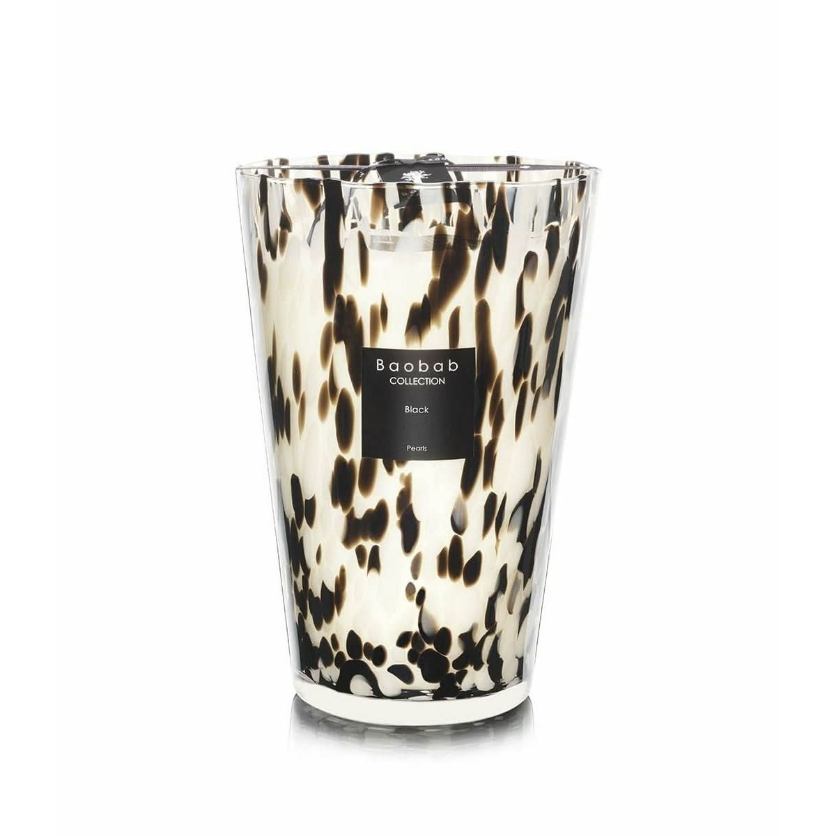 Baobab Black Pearls tall candle in leopard-print glass with black label