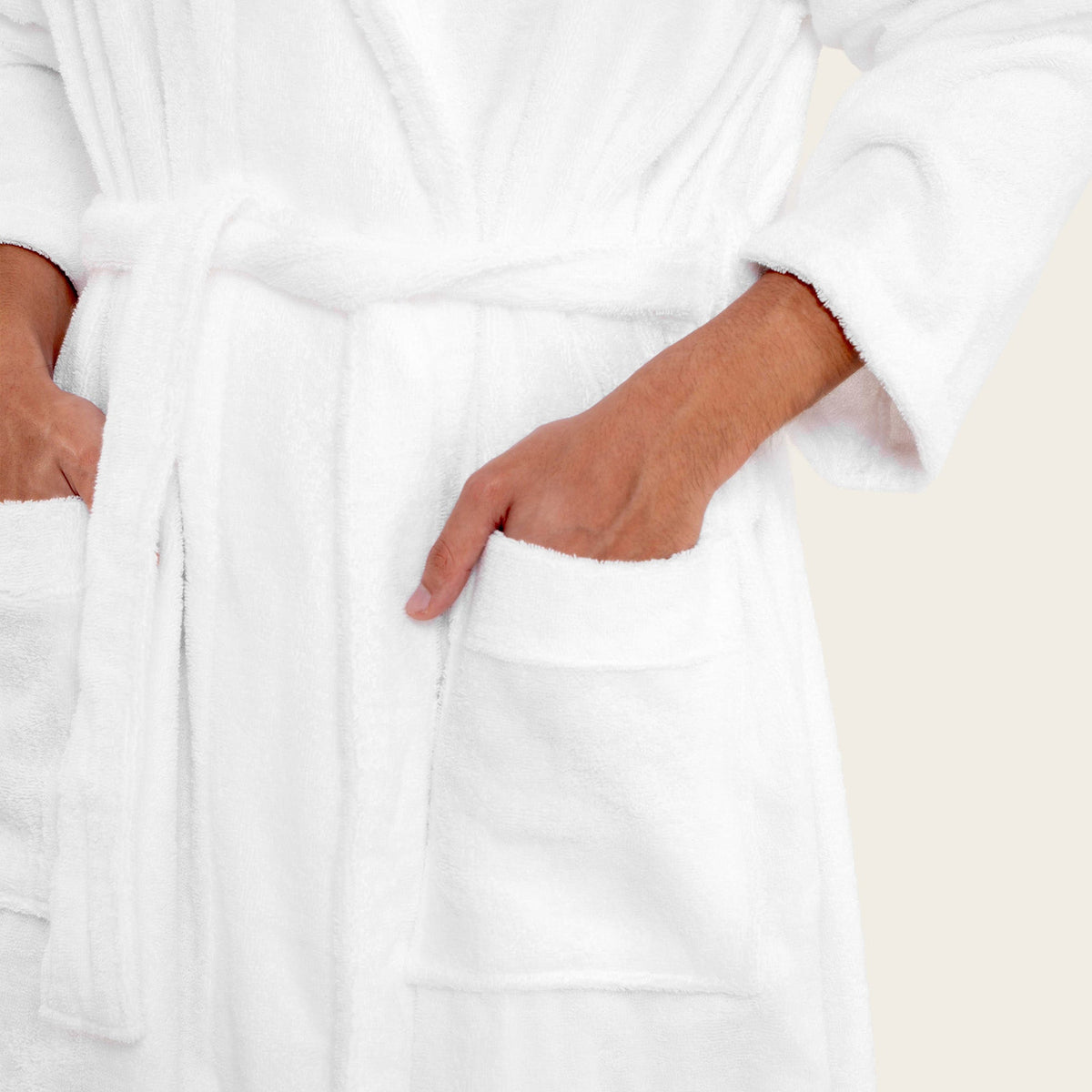 White unisex cotton bathrobe, belt tie and front patch pocket detail