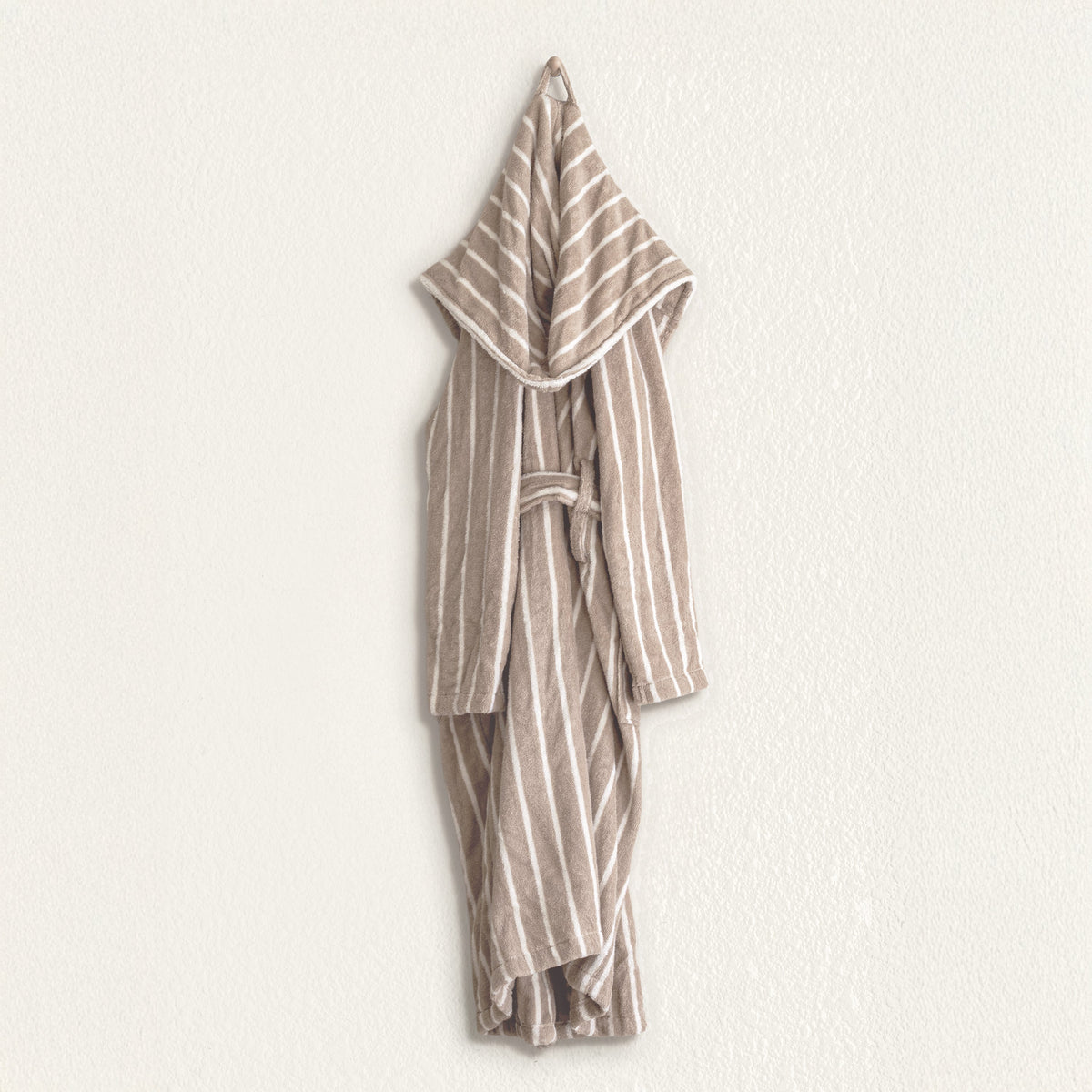 Beige-and-white striped hooded bathrobe with tie belt and long sleeves