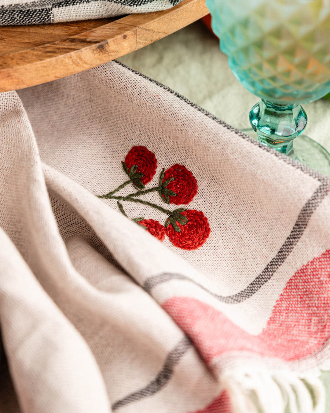 Kitchen towel corner with red tomato embroidery, gray check trim, beige weave, fringes