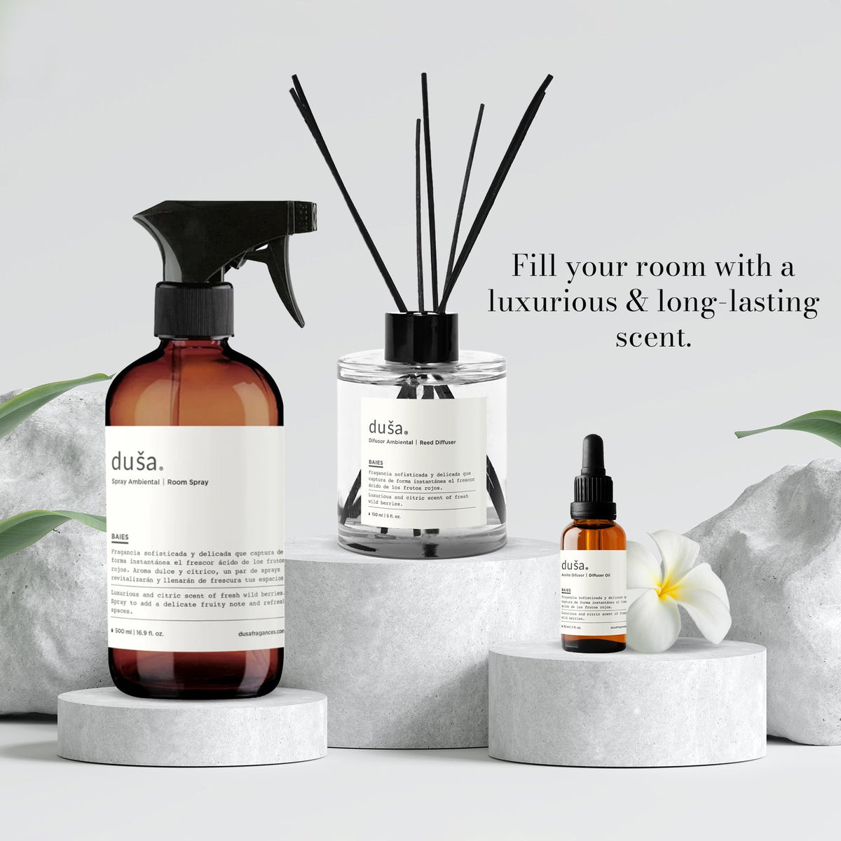Room and linen spray set with amber spray bottle, reed diffuser, and dropper bottle