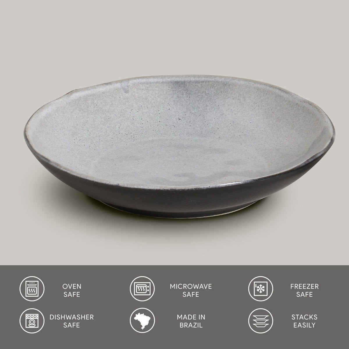 Grey speckled round pasta plate, shallow serving bowl.