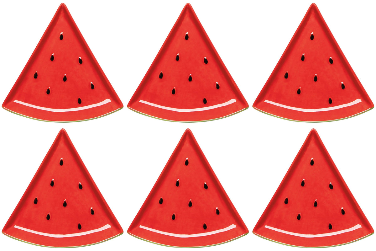 Set of 6 watermelon-slice shaped dish plates, red with green rind edges