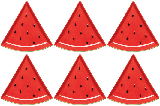 Set of 6 watermelon-slice shaped dish plates, red with green rind edges