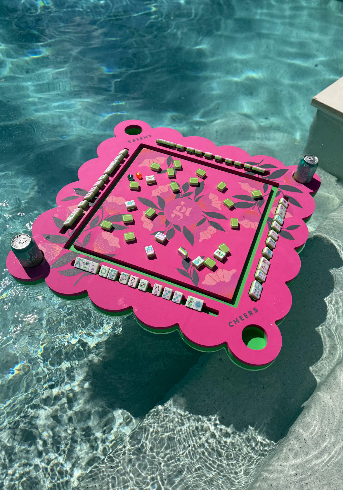 Neon floral pink floating mahjong tile mat with raised tile tray and corner pegs