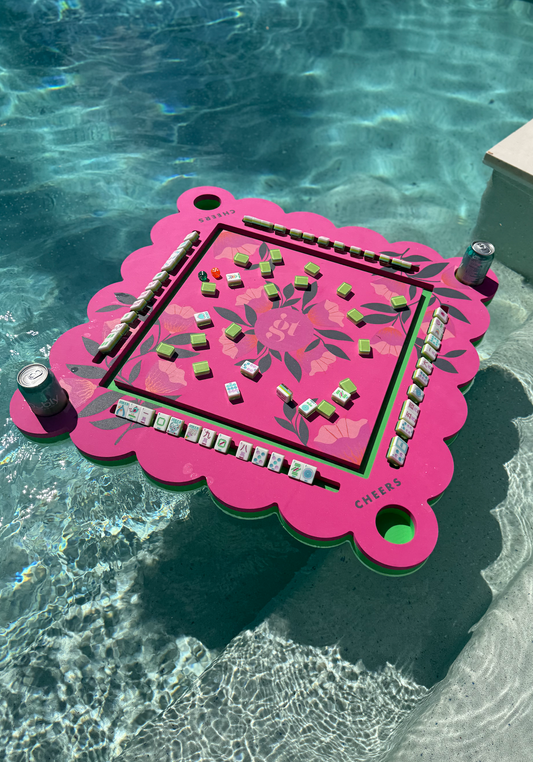 Neon floral pink floating mahjong tile mat with raised tile tray and corner pegs