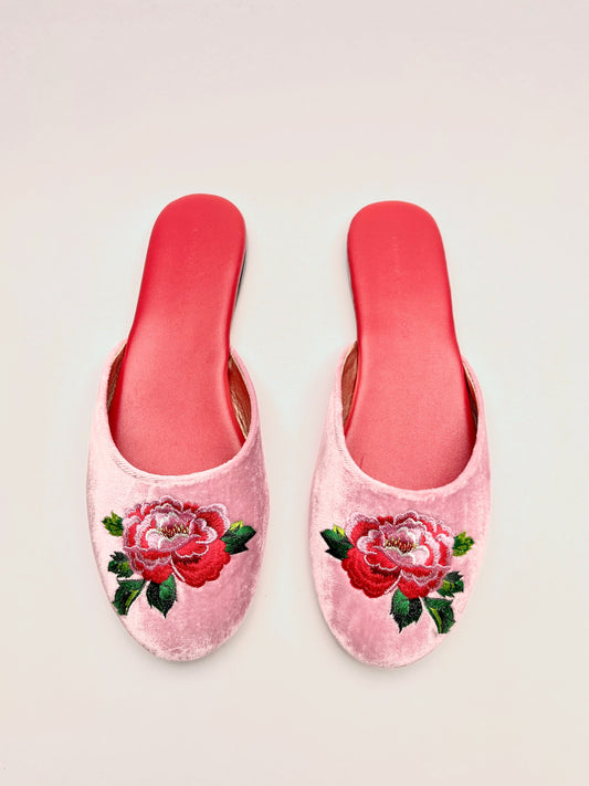 Lavender pink velvet slip-on mules with peony floral embroidery and red interior lining