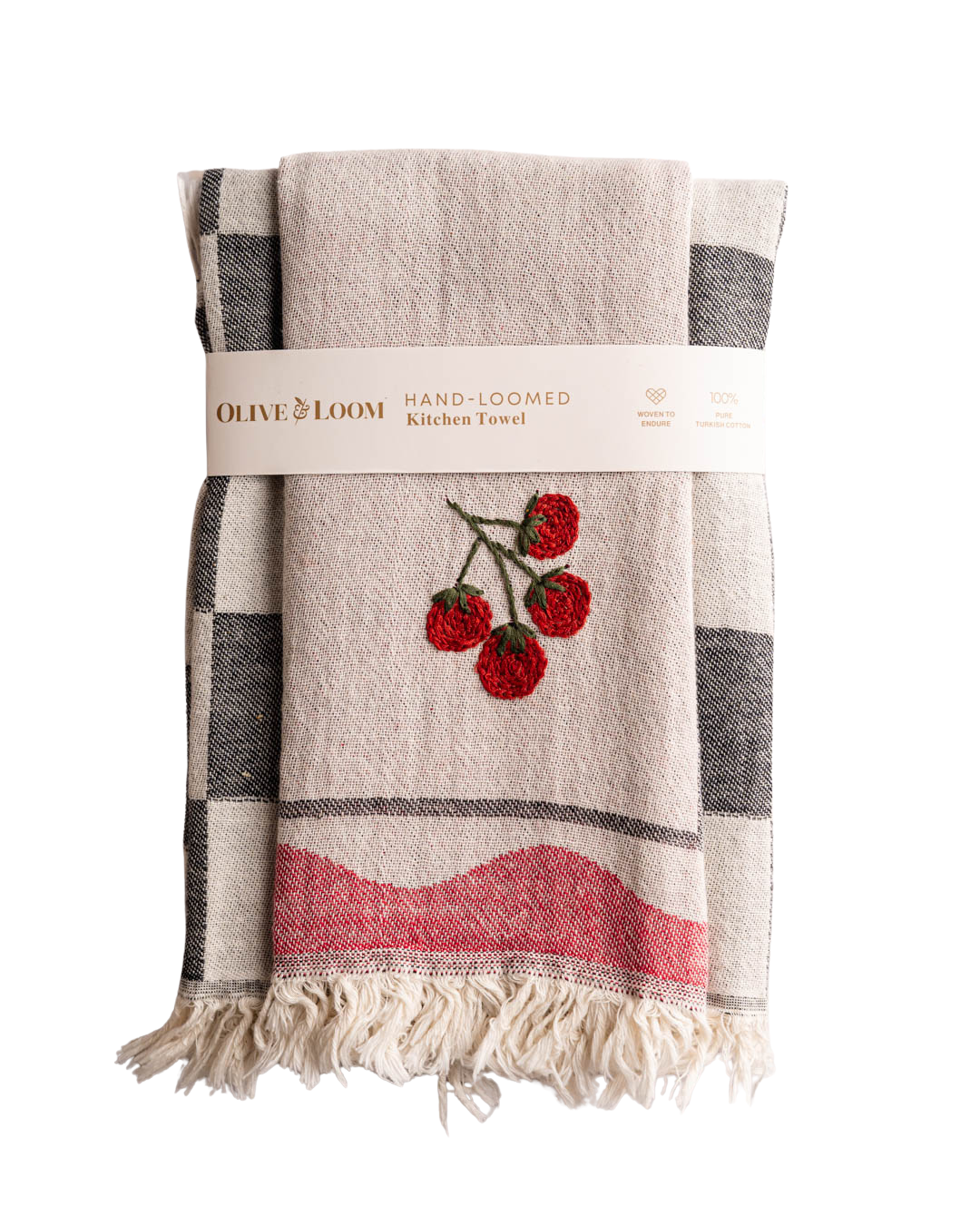 Kitchen towel set, beige with gray check border, red tomato embroidery, fringed edges