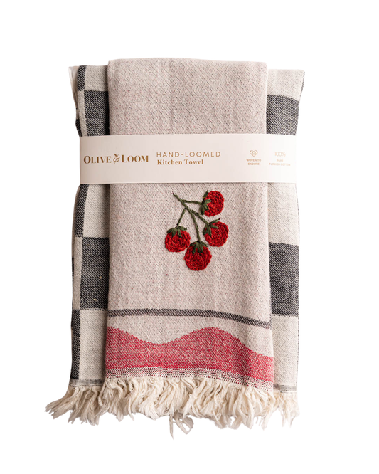 Kitchen towel set, beige with gray check border, red tomato embroidery, fringed edges