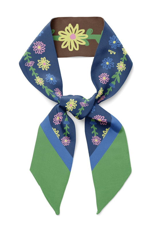 Brown twilly ribbon scarf with blue/green panels, colorful flowers, tied bow knot
