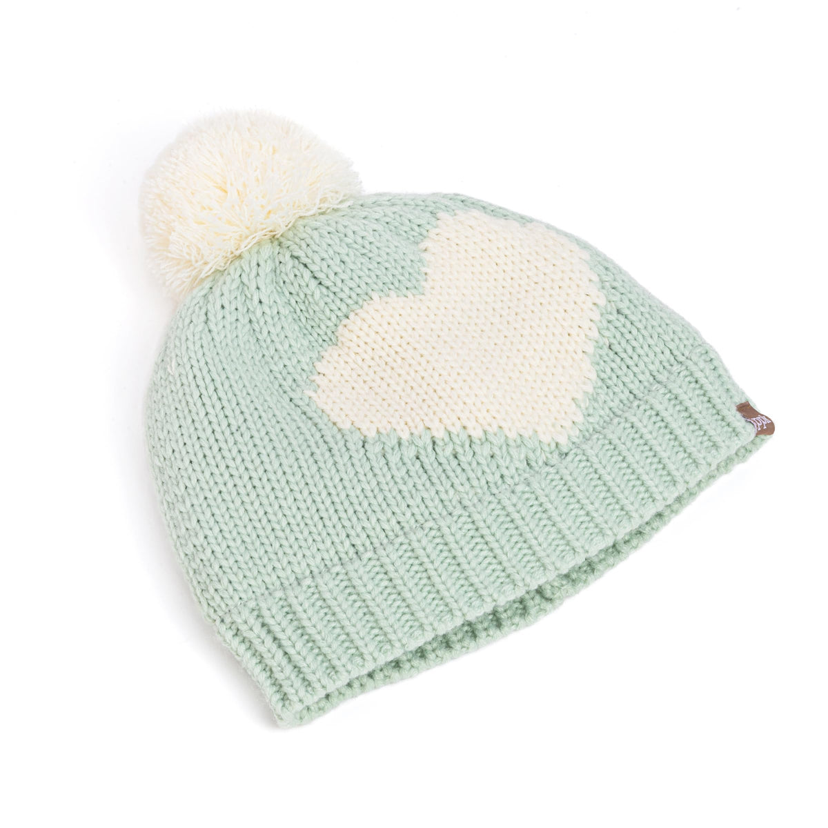 Mint green knit winter hat with white heart, ribbed brim, and pom-pom