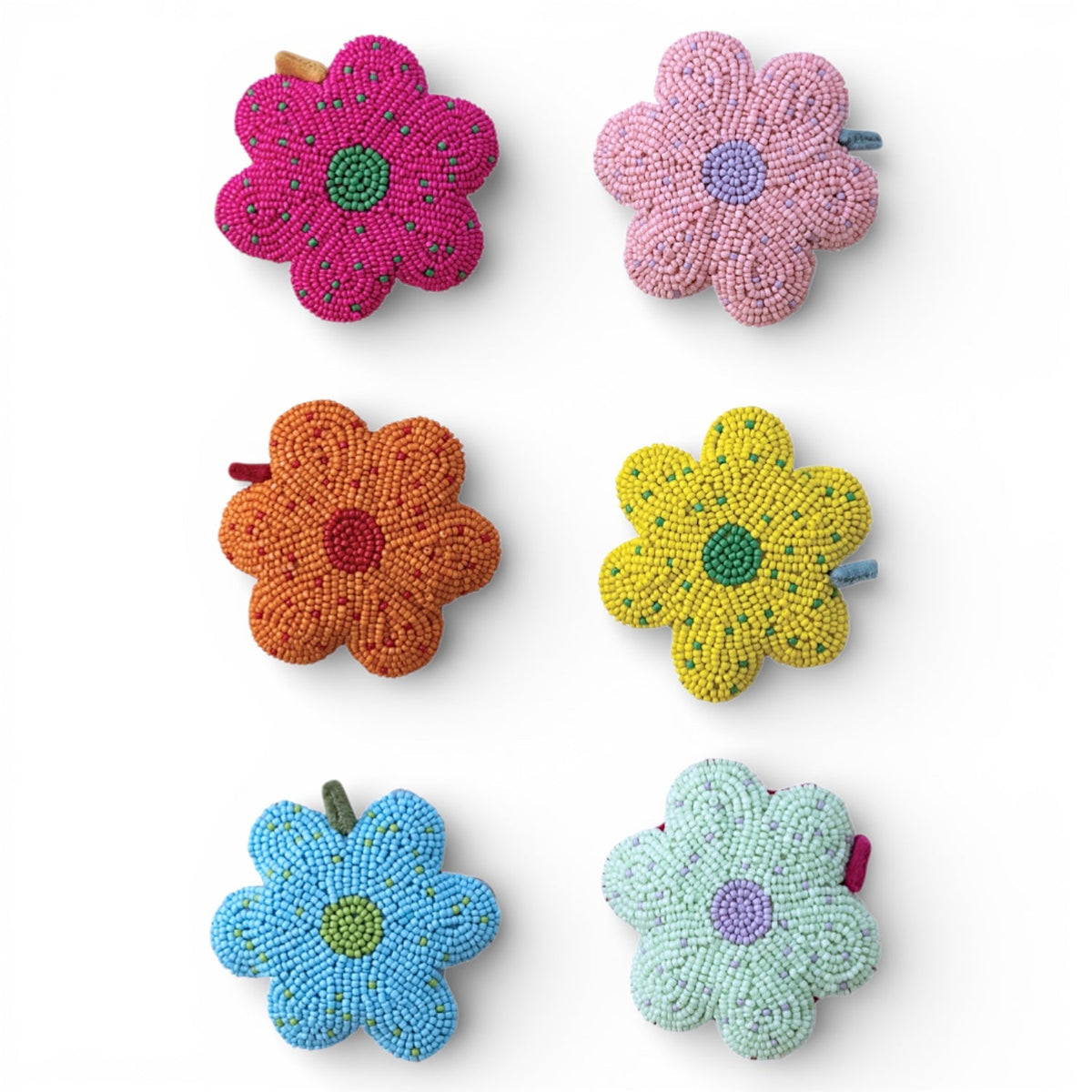 Handmade glass beaded flower tape measure set, magenta and green flower designs