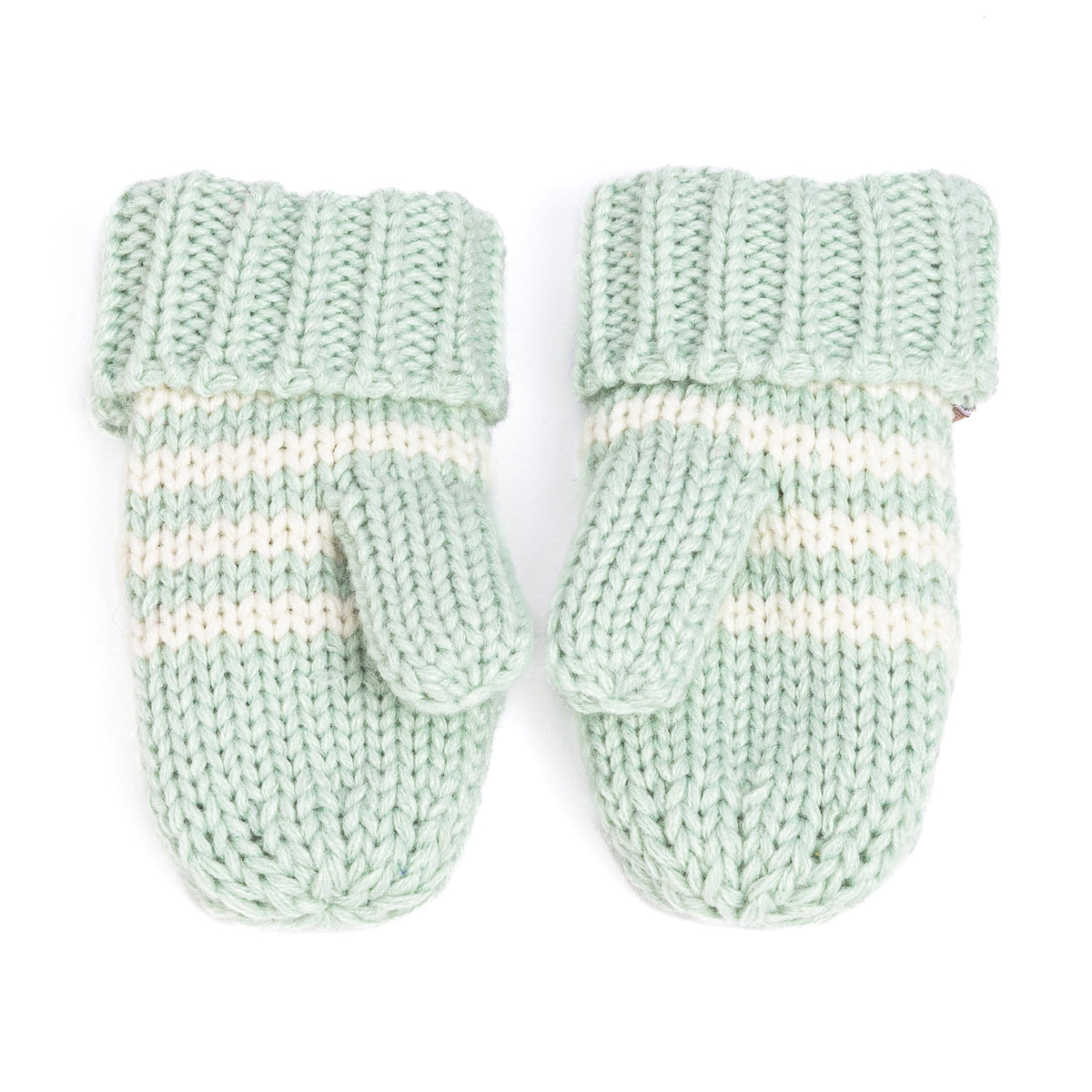 Pair of mint green knit mittens with white stripes and ribbed cuffs
