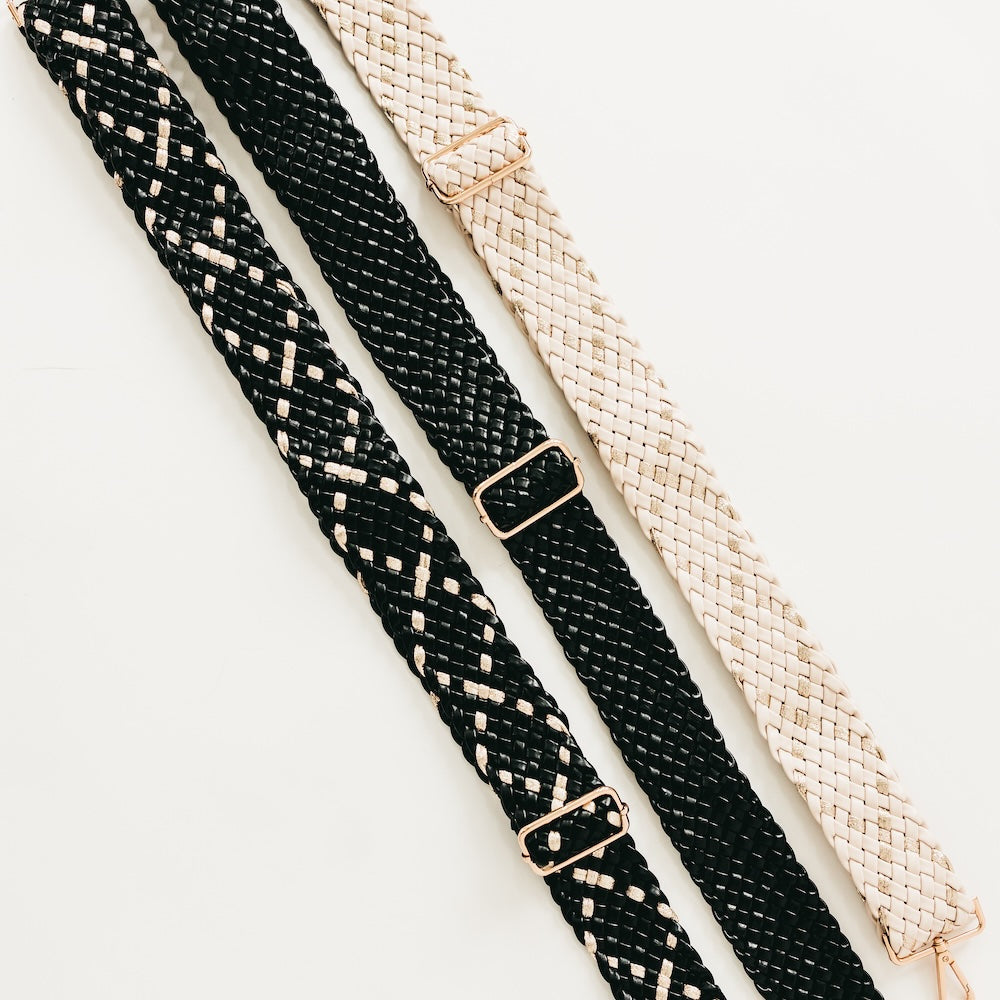 Braided dark strap with gold-tone buckles, adjustable length
