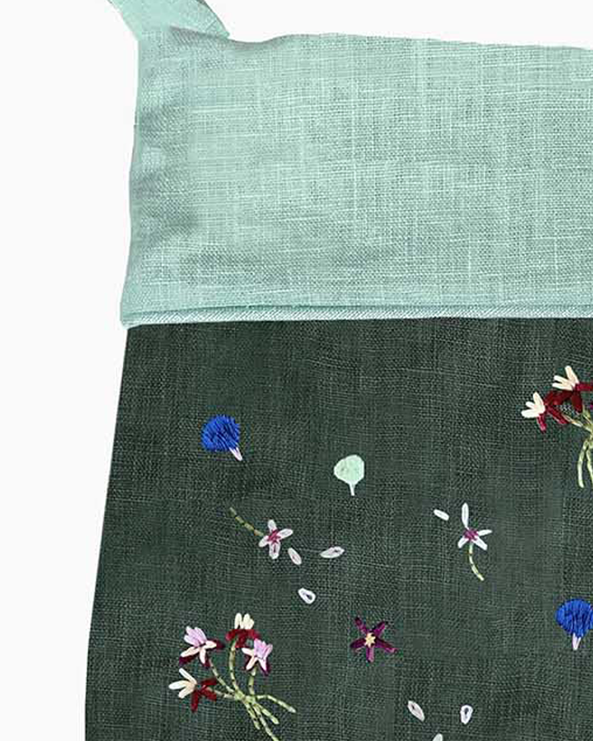 Holiday stocking cuff: light aqua top with dark green fabric and mushroom embroidery