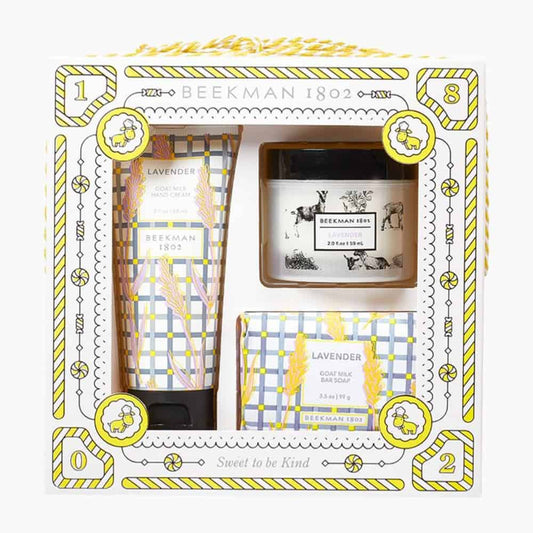 Lavender goat milk skincare gift set in decorative box with jar and bottle