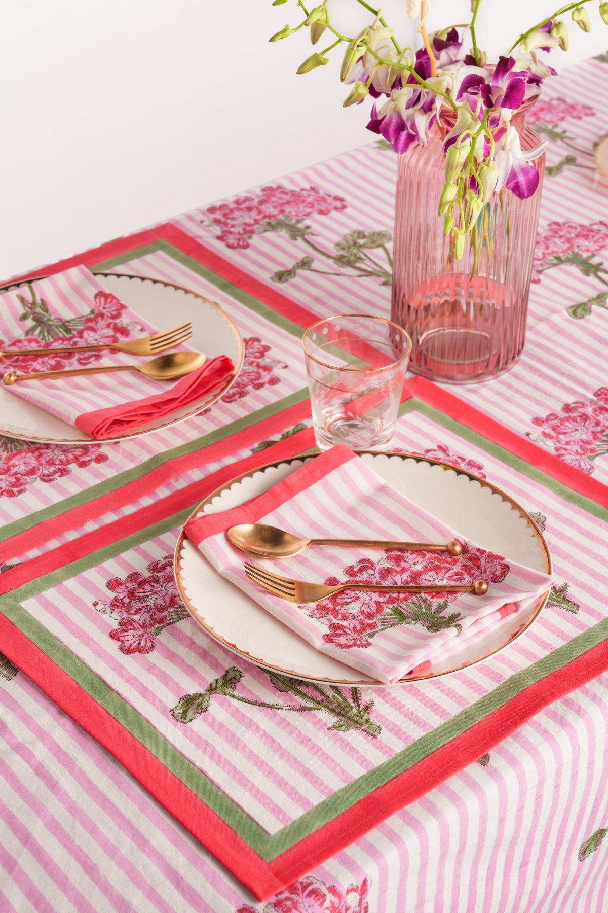 Pink striped napkins with hydrangea floral blockprint and red trim, set of 4