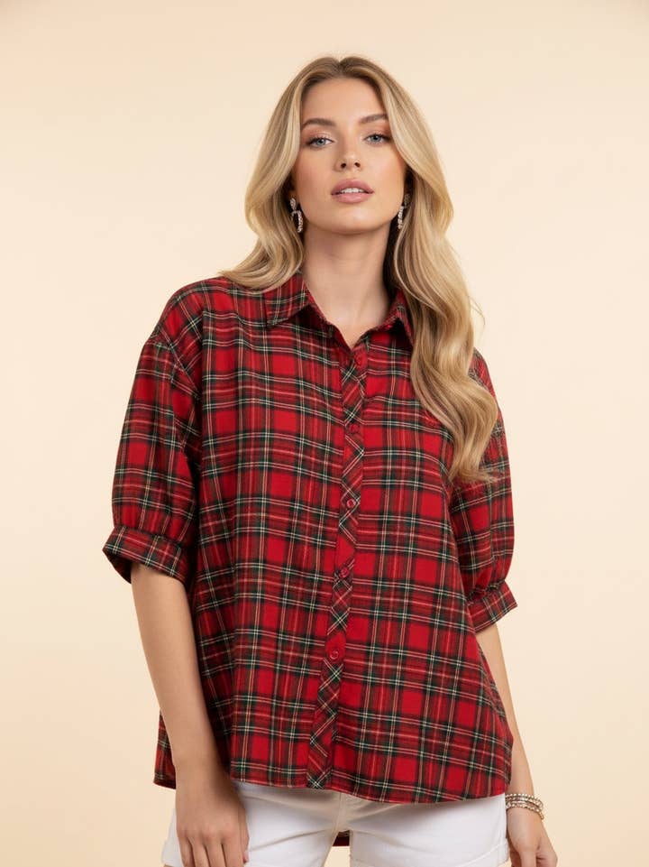 Red plaid button-front shirt with collar, short sleeves, and a relaxed fit.
