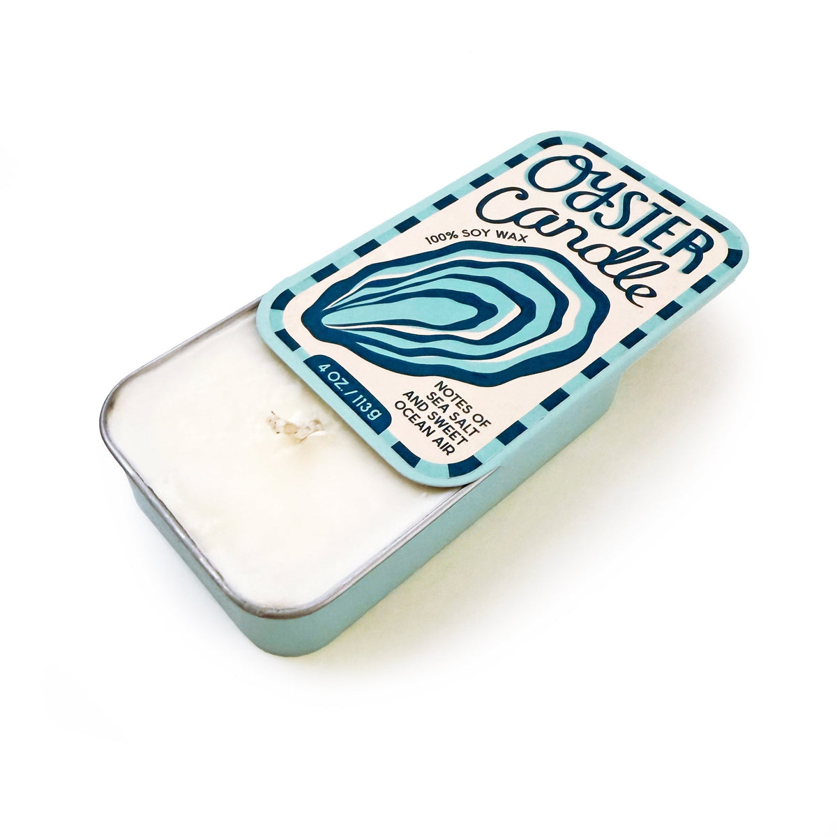 Oyster candle tin with white wax and wick in turquoise metal tray