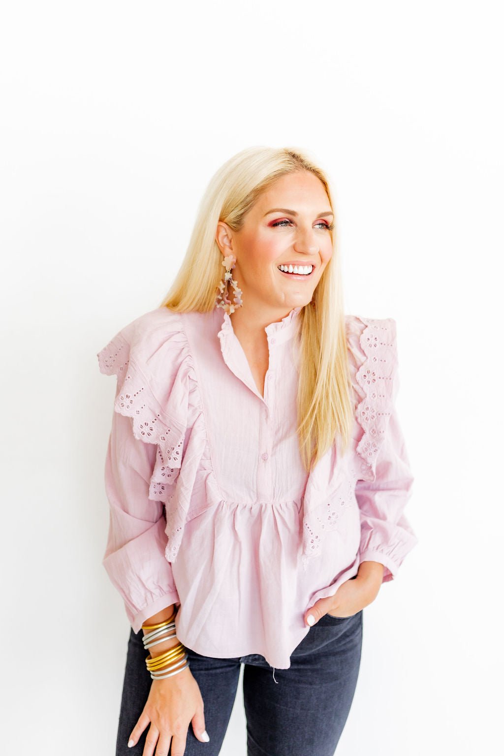 Pastel flower statement earrings with dangling scalloped hoop drops