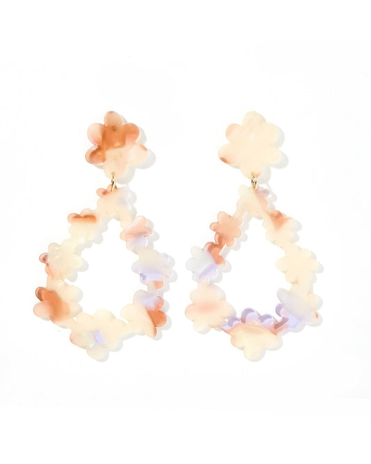 Lavender and cream floral statement drop earrings with scalloped hoop design
