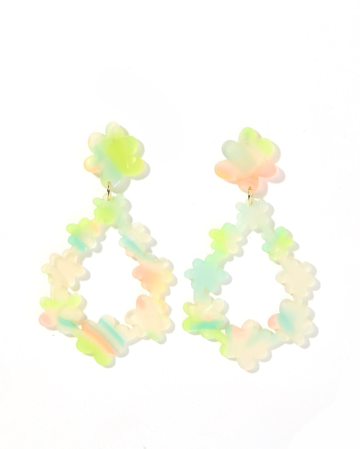 Neon pastel statement hoop earrings with layered clover flowers